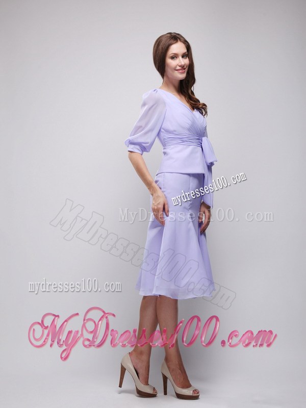 Lavender Column V-neck Half Length Sleeves Knee-length Ruching Wedding Guest Dress