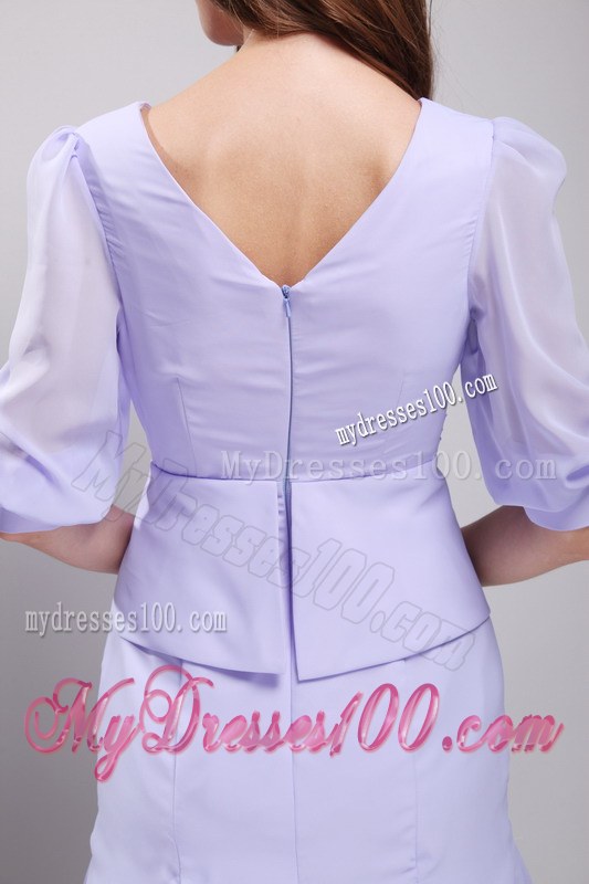 Lavender Column V-neck Half Length Sleeves Knee-length Ruching Wedding Guest Dress
