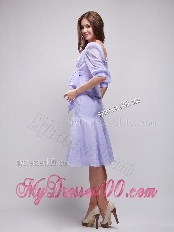 Lavender Column V-neck Half Length Sleeves Knee-length Ruching Wedding Guest Dress