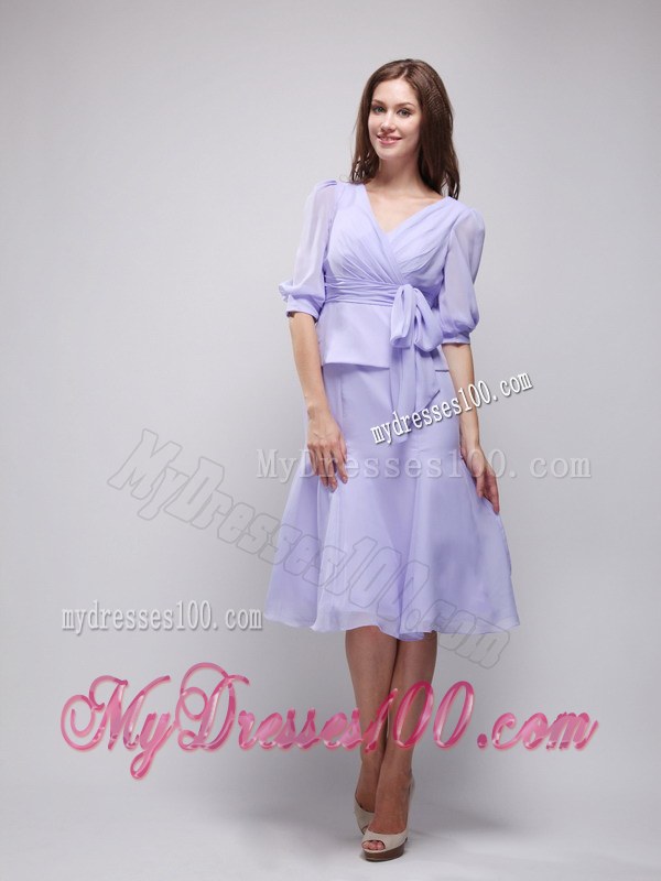 Lavender Column V-neck Half Length Sleeves Knee-length Ruching Wedding Guest Dress