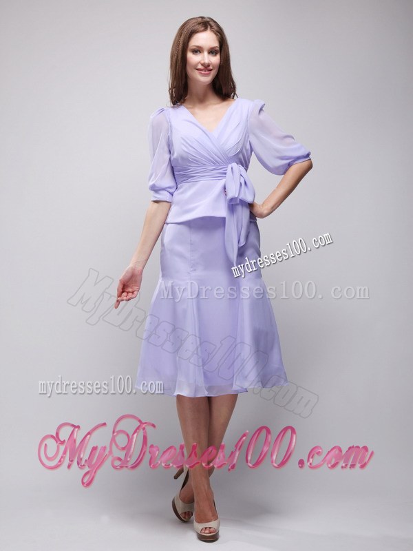 Lavender Column V-neck Half Length Sleeves Knee-length Ruching Wedding Guest Dress