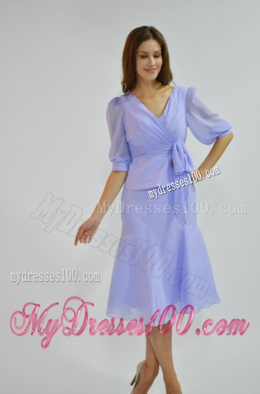 Lavender Column V-neck Half Length Sleeves Knee-length Ruching Wedding Guest Dress