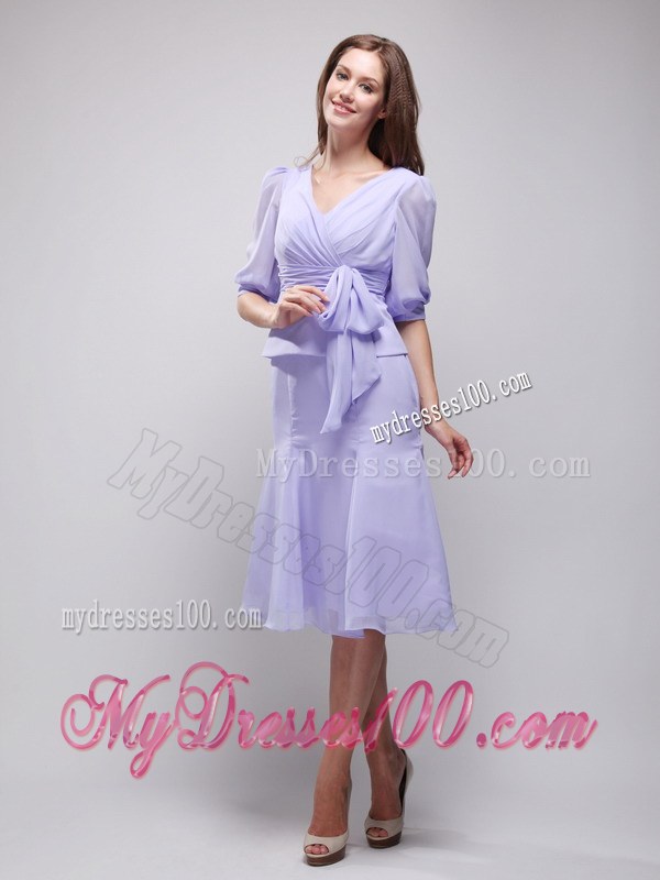 Lavender Column V-neck Half Length Sleeves Knee-length Ruching Wedding Guest Dress