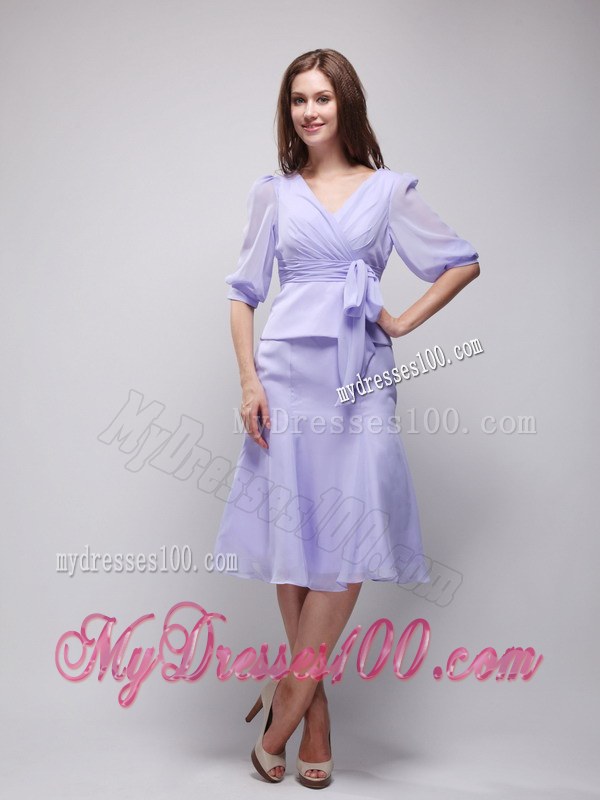 Lavender Column V-neck Half Length Sleeves Knee-length Ruching Wedding Guest Dress