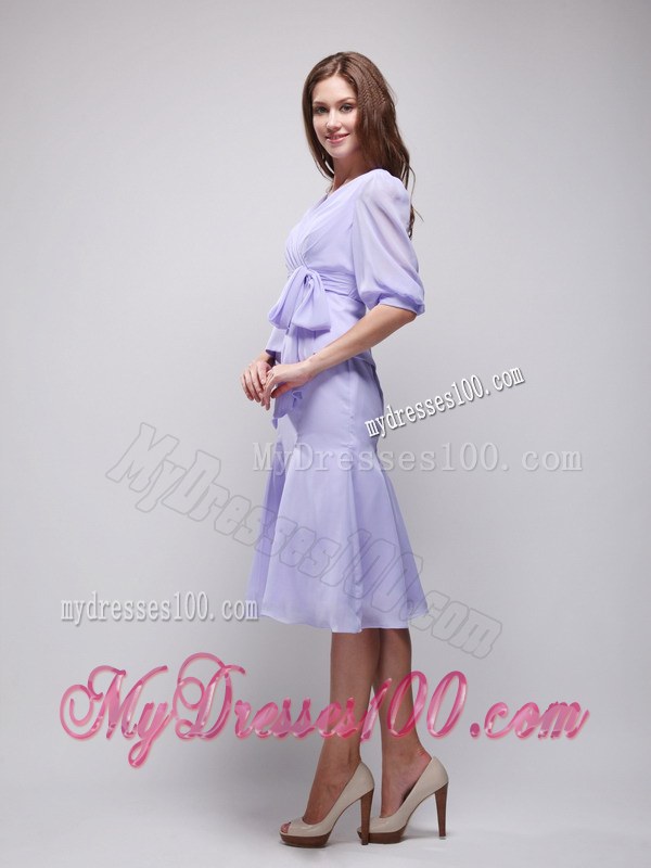 Lavender Column V-neck Half Length Sleeves Knee-length Ruching Wedding Guest Dress