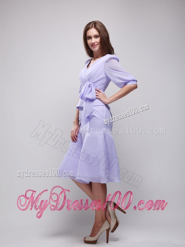 Lavender Column V-neck Half Length Sleeves Knee-length Ruching Wedding Guest Dress