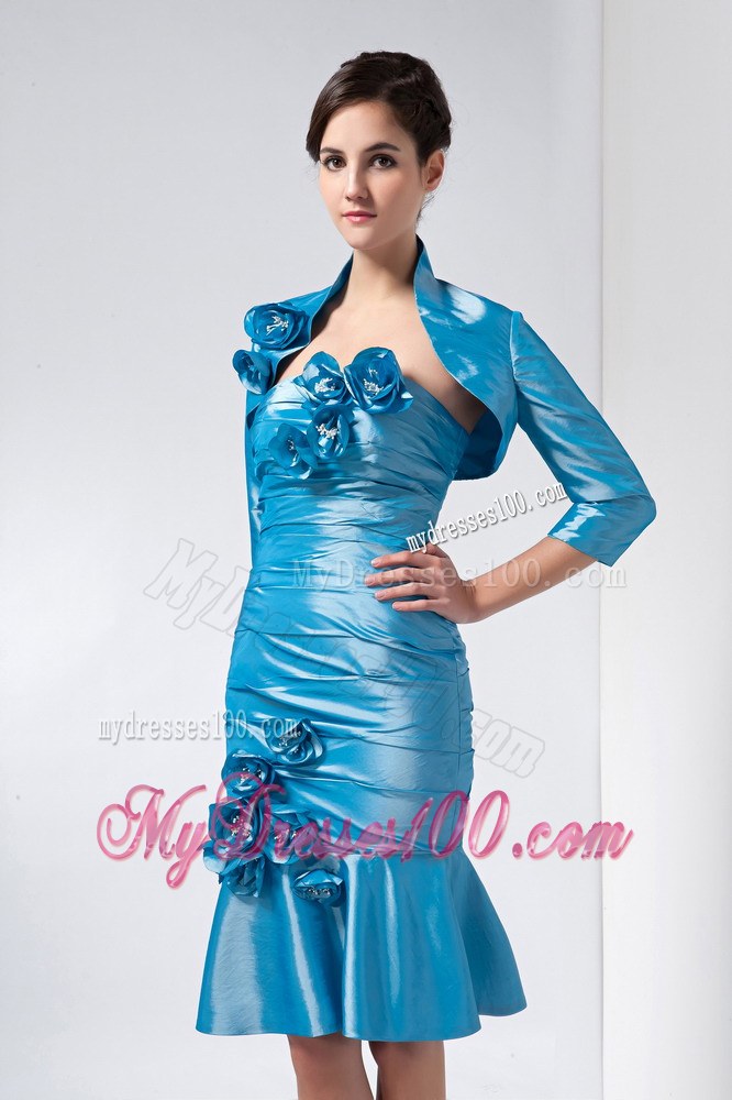 Sweet 2014 Baby Blue Column Strapless Hand Made Flowers Wedding Guest Dresseses