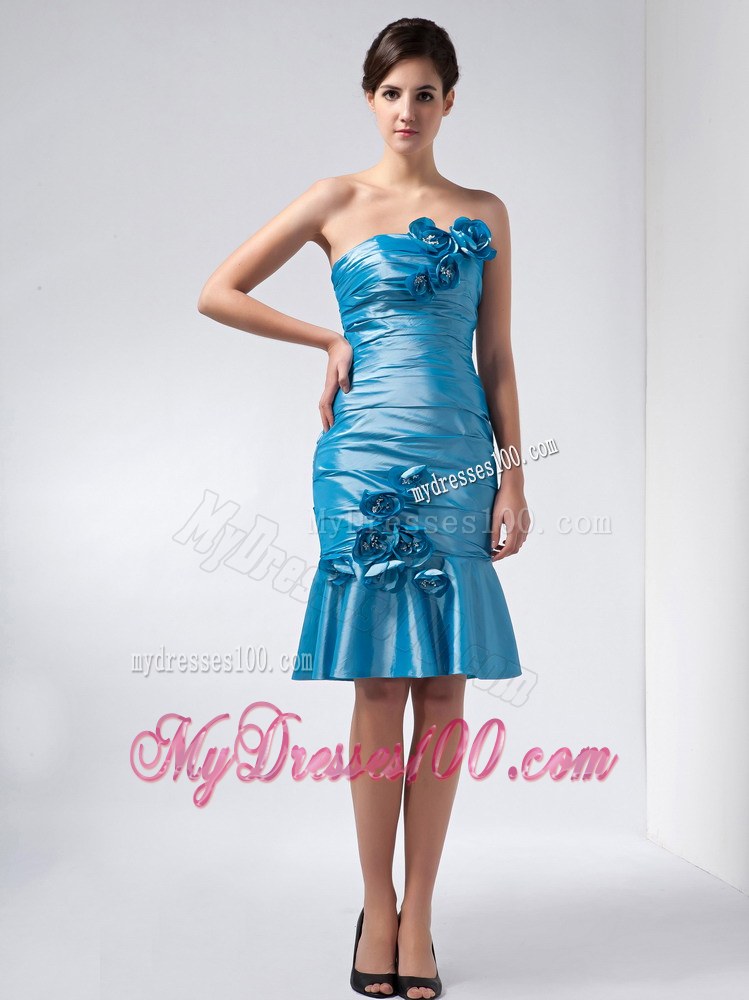 Sweet 2014 Baby Blue Column Strapless Hand Made Flowers Wedding Guest Dresseses