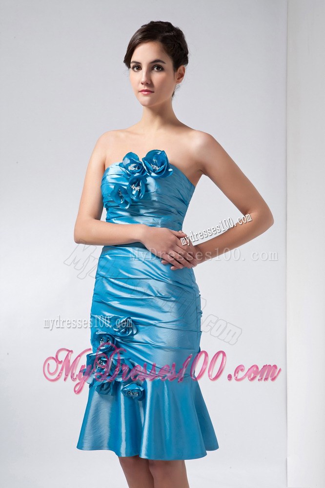 Sweet 2014 Baby Blue Column Strapless Hand Made Flowers Wedding Guest Dresseses
