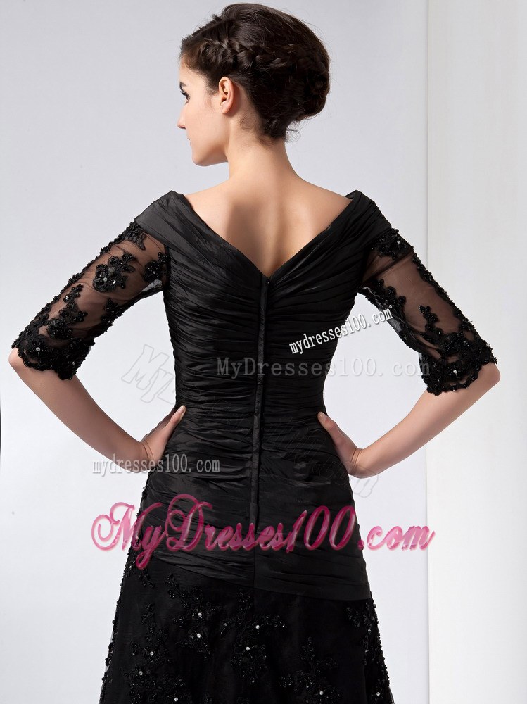 Beautiful Black Column Mother of the Bride Dress V-neck Knee-length Beading Lace
