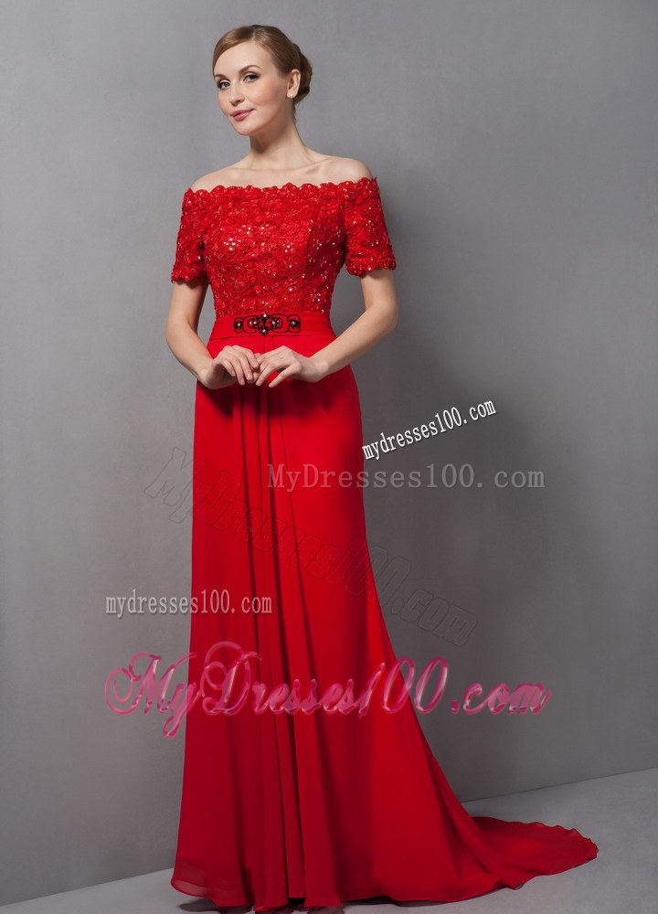 Custom Made Red Column Mother of Bride Dress Off The Shoulder Appliques Brush Train