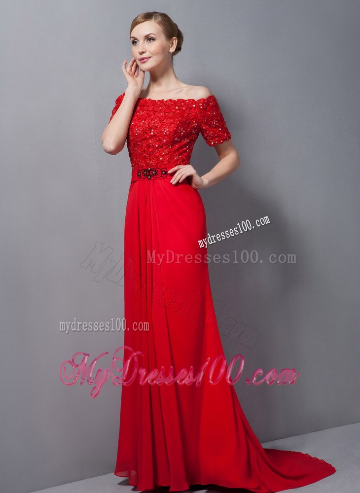 Custom Made Red Column Mother of Bride Dress Off The Shoulder Appliques Brush Train