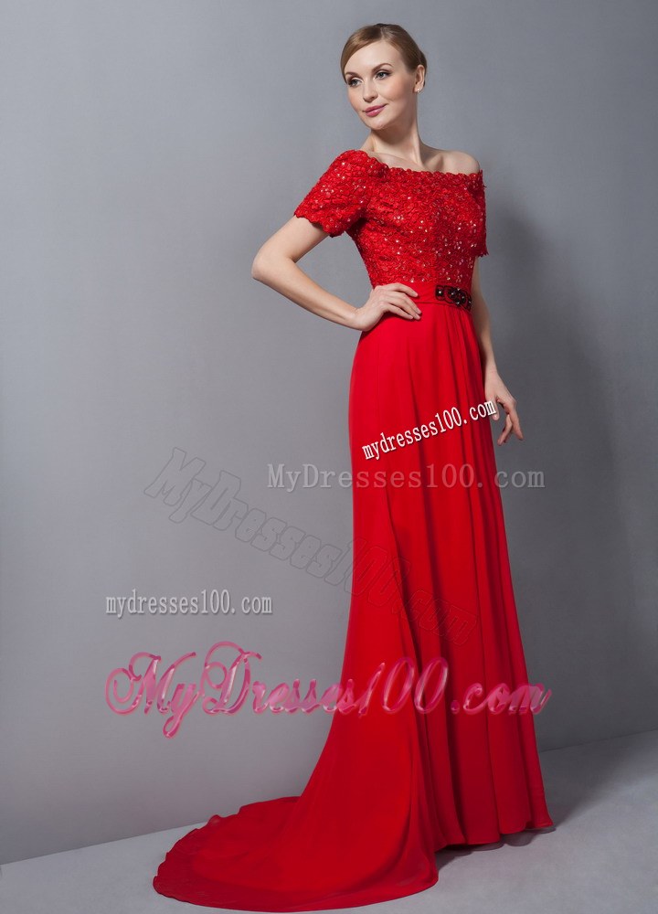 Custom Made Red Column Mother of Bride Dress Off The Shoulder Appliques Brush Train