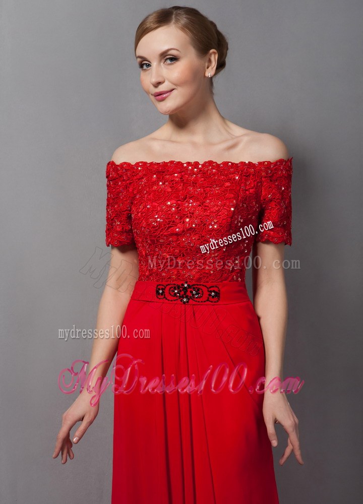 Custom Made Red Column Mother of Bride Dress Off The Shoulder Appliques Brush Train