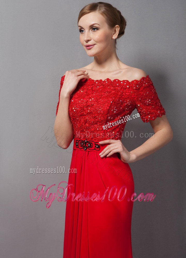 Custom Made Red Column Mother of Bride Dress Off The Shoulder Appliques Brush Train