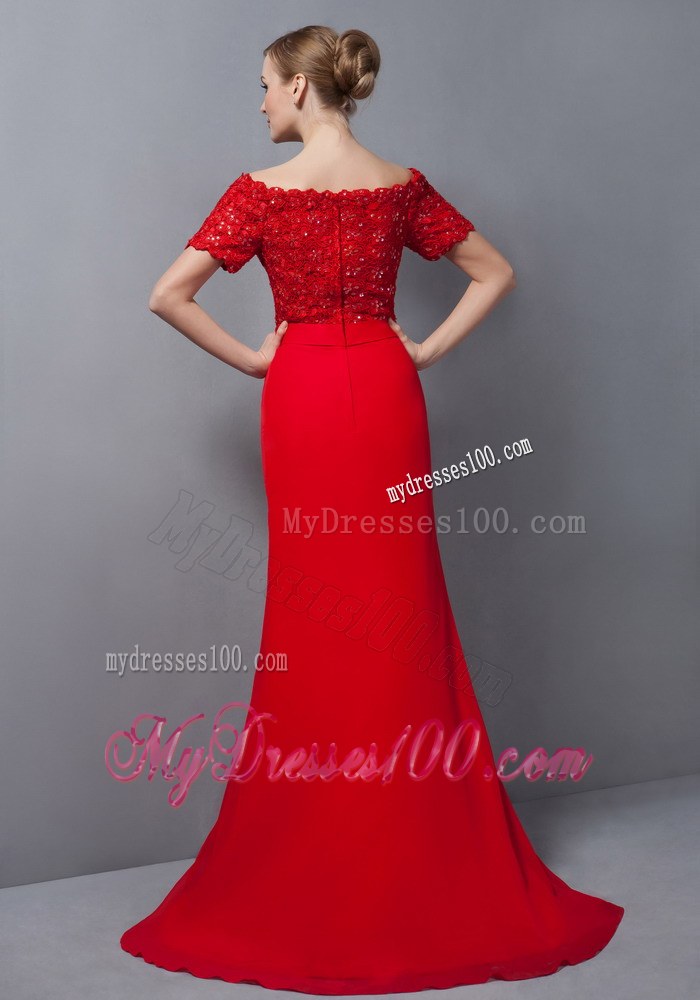 Custom Made Red Column Mother of Bride Dress Off The Shoulder Appliques Brush Train