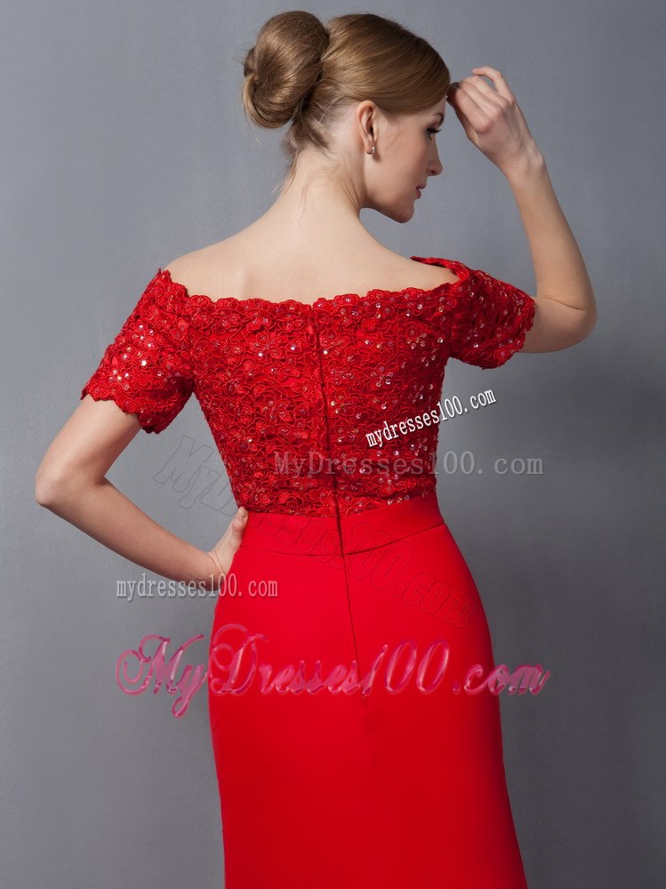 Custom Made Red Column Mother of Bride Dress Off The Shoulder Appliques Brush Train