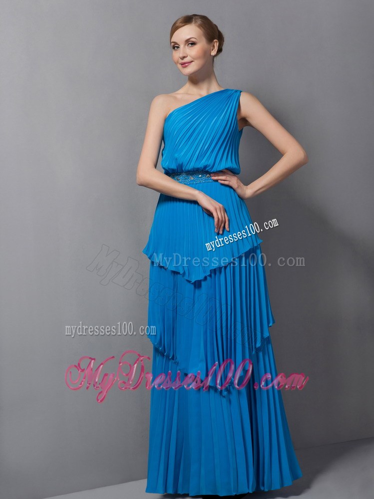Simple Customize Blue Column One Shoulder Pleating Floor-length Wedding Guest Dress