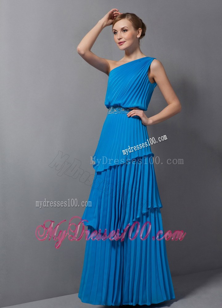 Simple Customize Blue Column One Shoulder Pleating Floor-length Wedding Guest Dress
