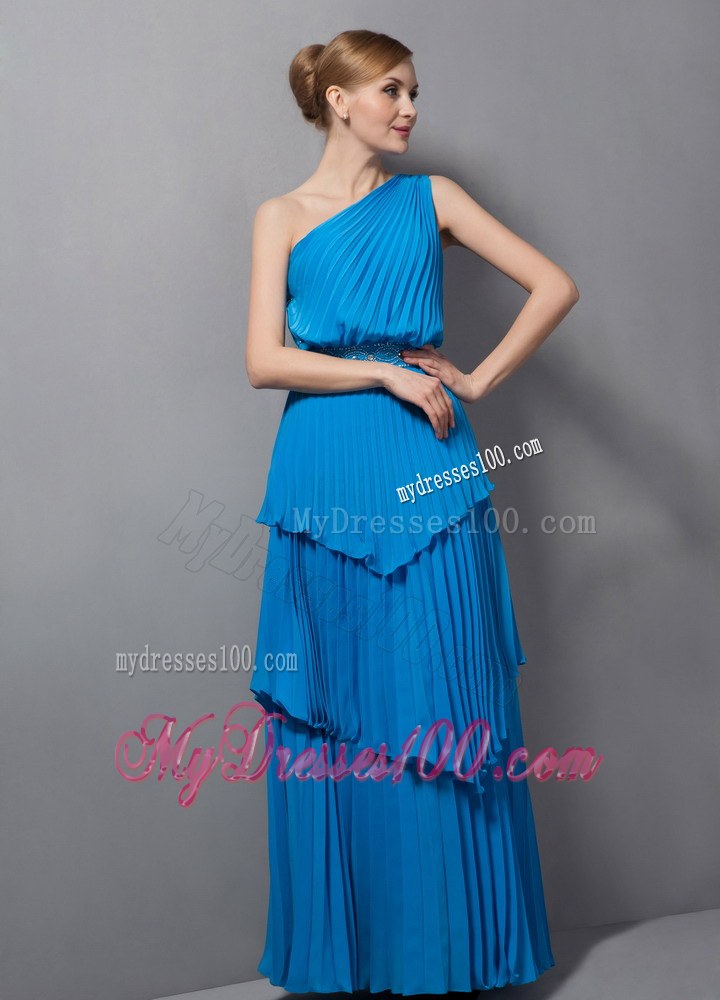 Simple Customize Blue Column One Shoulder Pleating Floor-length Wedding Guest Dress