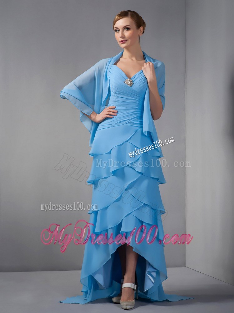 Custom Made Sky Blue Mother of the Bride Dress Straps Beading Ruching Brush Train