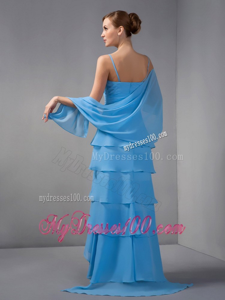 Custom Made Sky Blue Mother of the Bride Dress Straps Beading Ruching Brush Train