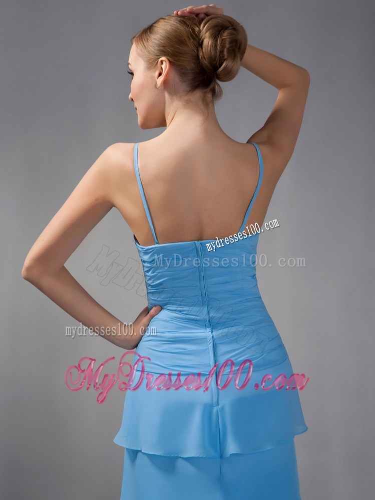 Custom Made Sky Blue Mother of the Bride Dress Straps Beading Ruching Brush Train