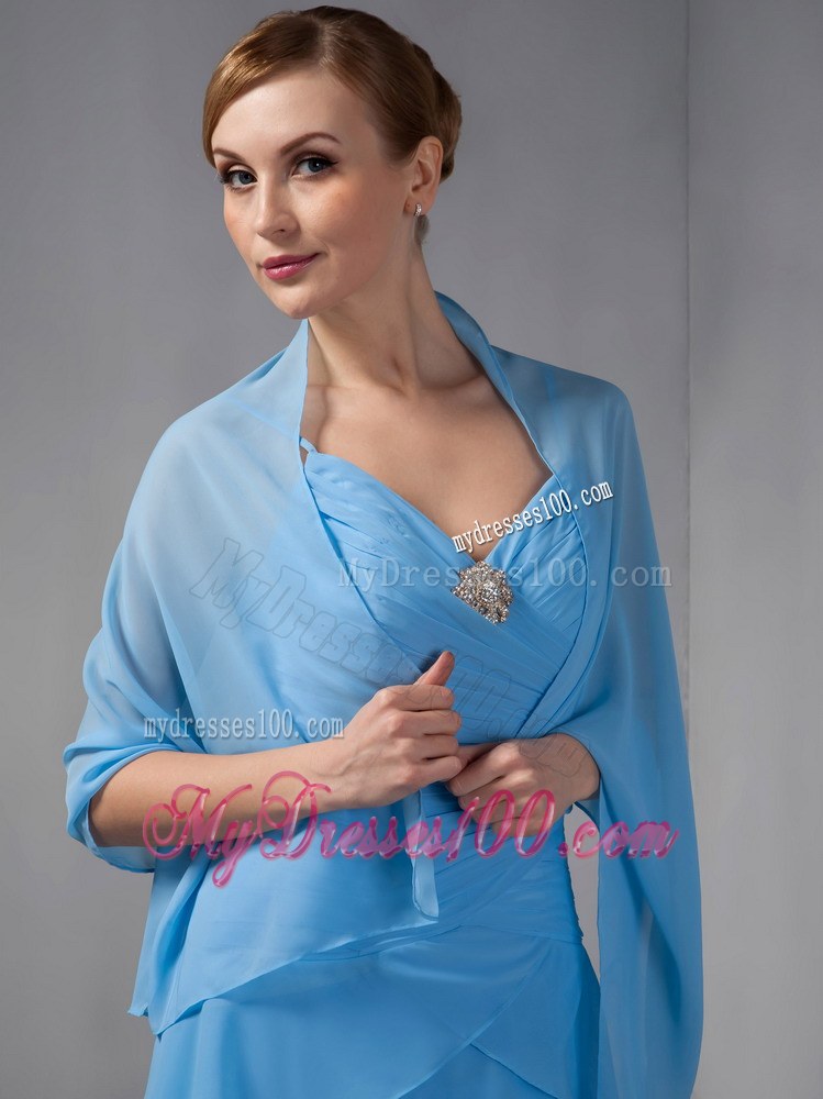 Custom Made Sky Blue Mother of the Bride Dress Straps Beading Ruching Brush Train