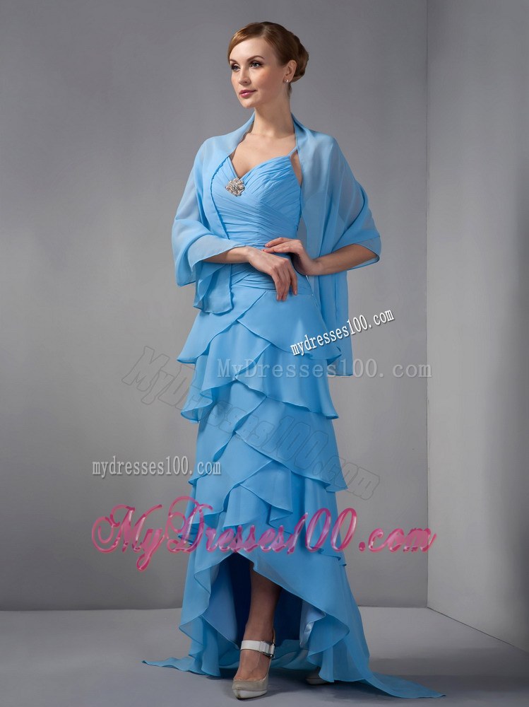 Custom Made Sky Blue Mother of the Bride Dress Straps Beading Ruching Brush Train