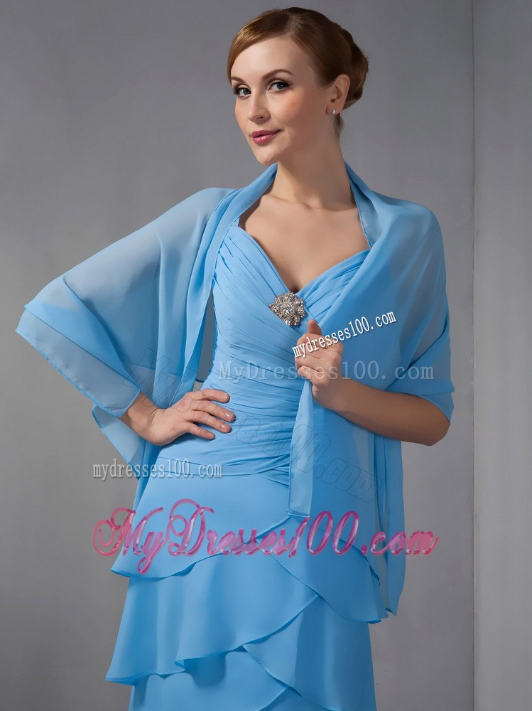 Custom Made Sky Blue Mother of the Bride Dress Straps Beading Ruching Brush Train
