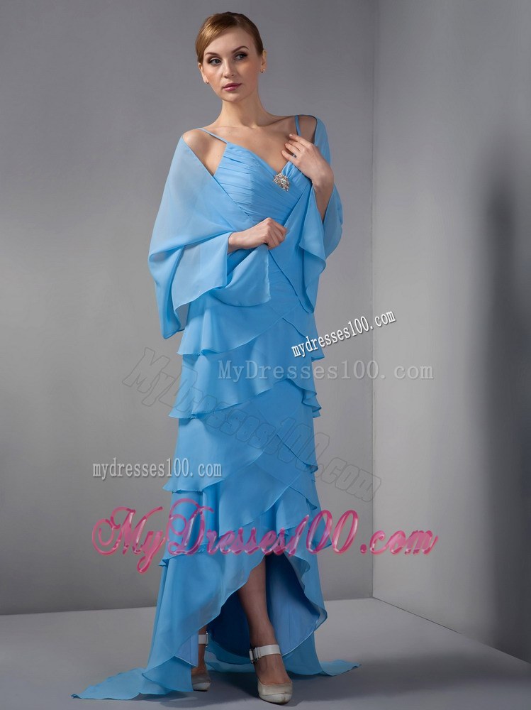 Custom Made Sky Blue Mother of the Bride Dress Straps Beading Ruching Brush Train
