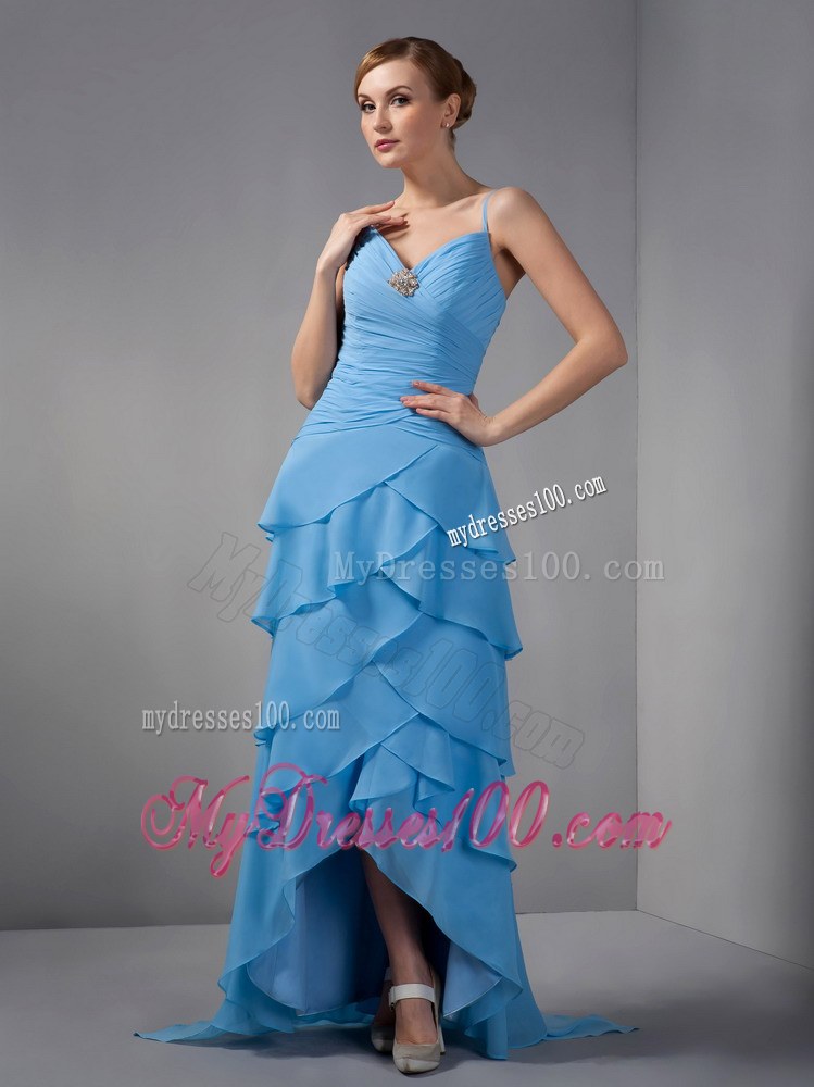 Custom Made Sky Blue Mother of the Bride Dress Straps Beading Ruching Brush Train