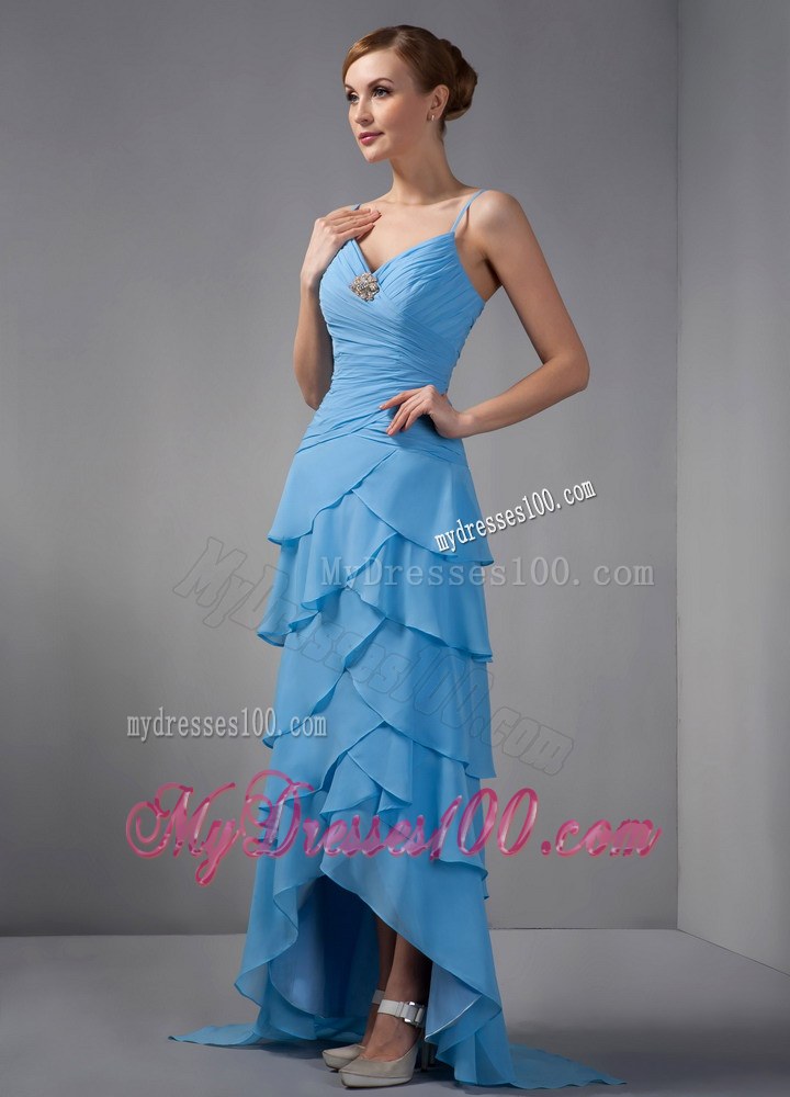 Custom Made Sky Blue Mother of the Bride Dress Straps Beading Ruching Brush Train