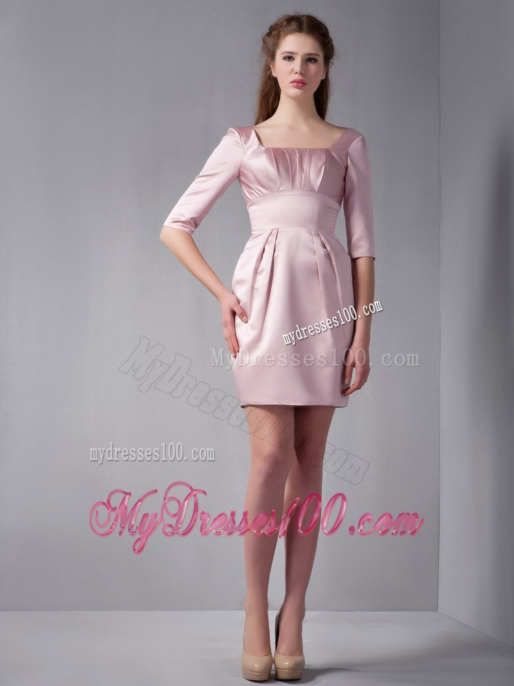 Beautiful Pink Column Square Mini-length Half Sleeves Ruching Wedding Guest Dress
