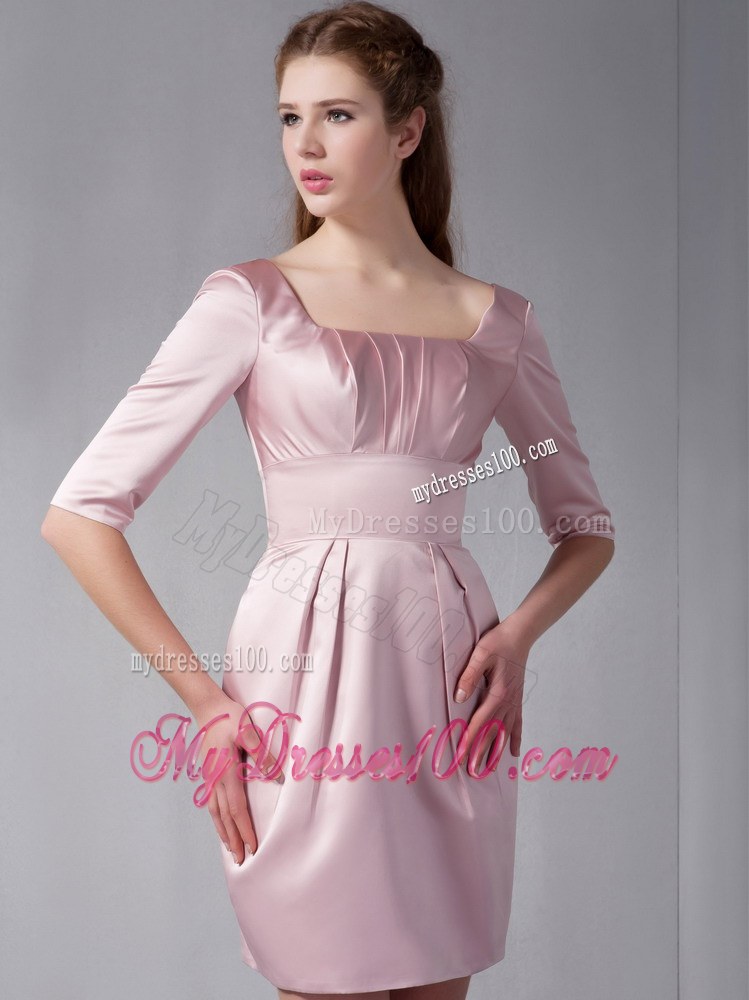 Beautiful Pink Column Square Mini-length Half Sleeves Ruching Wedding Guest Dress