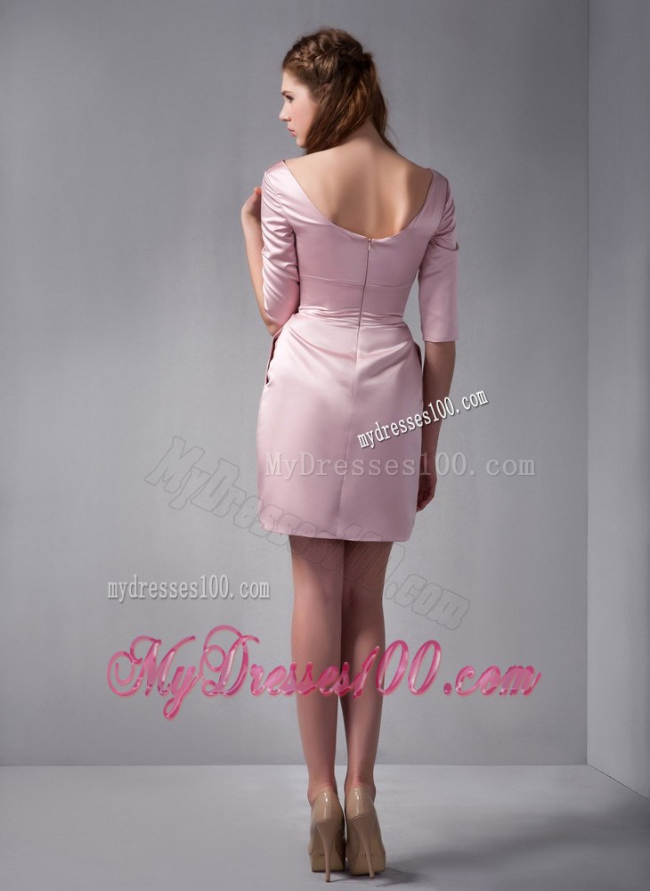 Beautiful Pink Column Square Mini-length Half Sleeves Ruching Wedding Guest Dress