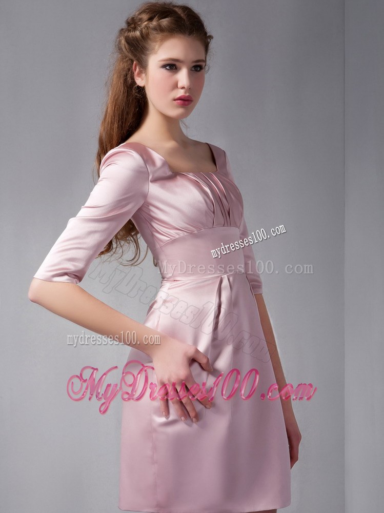 Beautiful Pink Column Square Mini-length Half Sleeves Ruching Wedding Guest Dress
