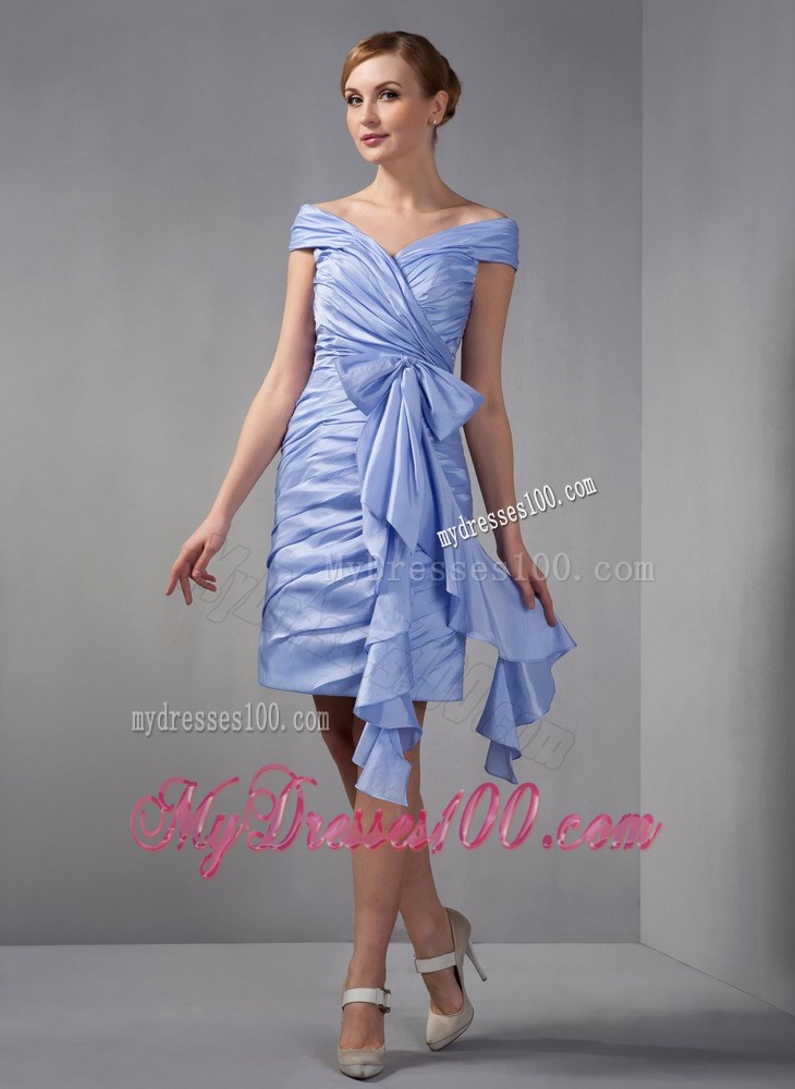 Lilac Column Off The Shoulder Mini-length Ruched Mother Of The Bride Dress