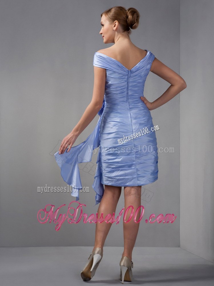 Lilac Column Off The Shoulder Mini-length Ruched Mother Of The Bride Dress