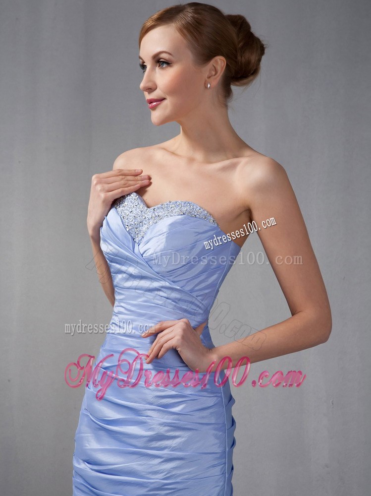 Lilac Column Sweetheart Knee-length Ruched Beading Mother of the Bride Dress