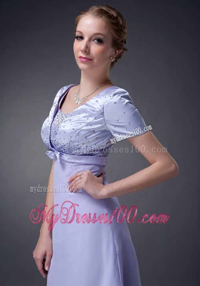 Lilac Column V-neck Bowknot Short Sleeves Floor-length Beading Wedding Guest Dresses