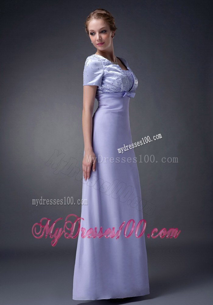 Lilac Column V-neck Bowknot Short Sleeves Floor-length Beading Wedding Guest Dresses