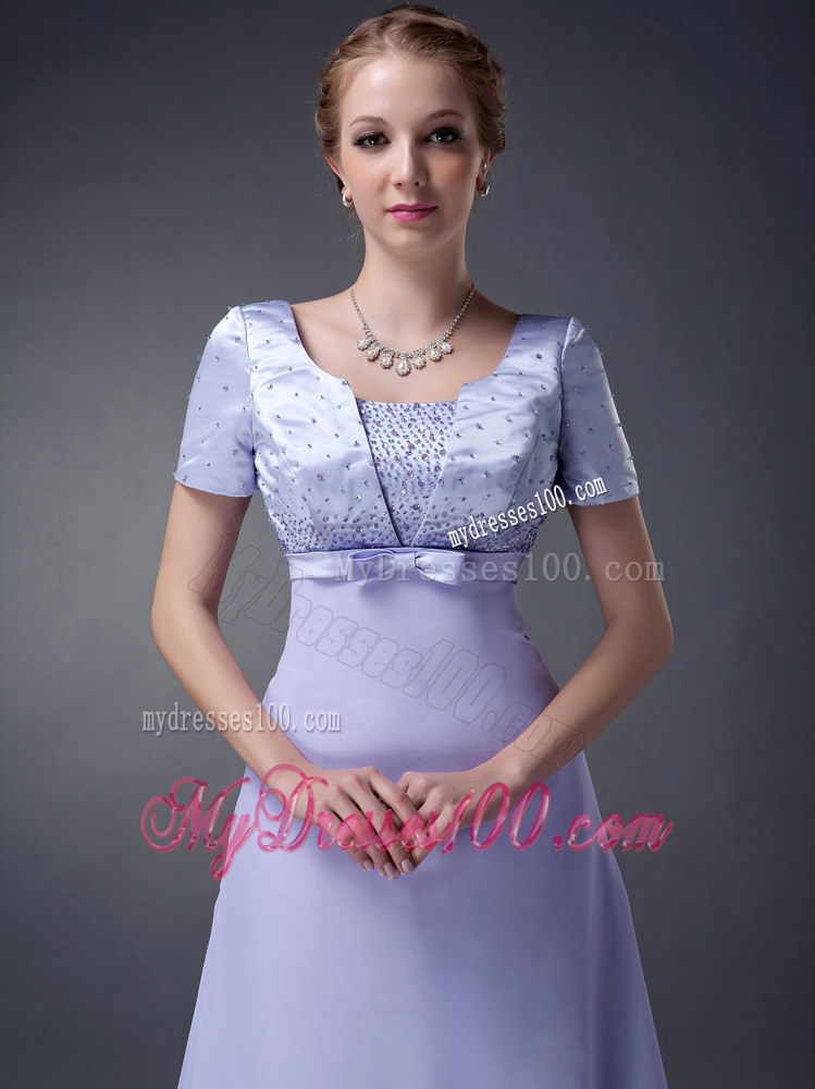 Lilac Column V-neck Bowknot Short Sleeves Floor-length Beading Wedding Guest Dresses