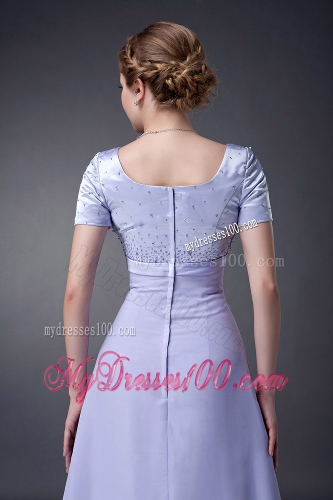 Lilac Column V-neck Bowknot Short Sleeves Floor-length Beading Wedding Guest Dresses