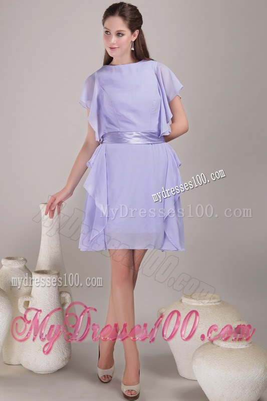 Lilac Empire Bateau Mini-length Sash Short Sleeves 2014 Mother Of The Bride Dress