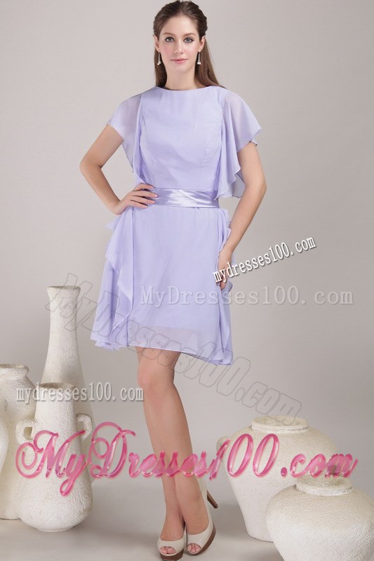 Lilac Empire Bateau Mini-length Sash Short Sleeves 2014 Mother Of The Bride Dress