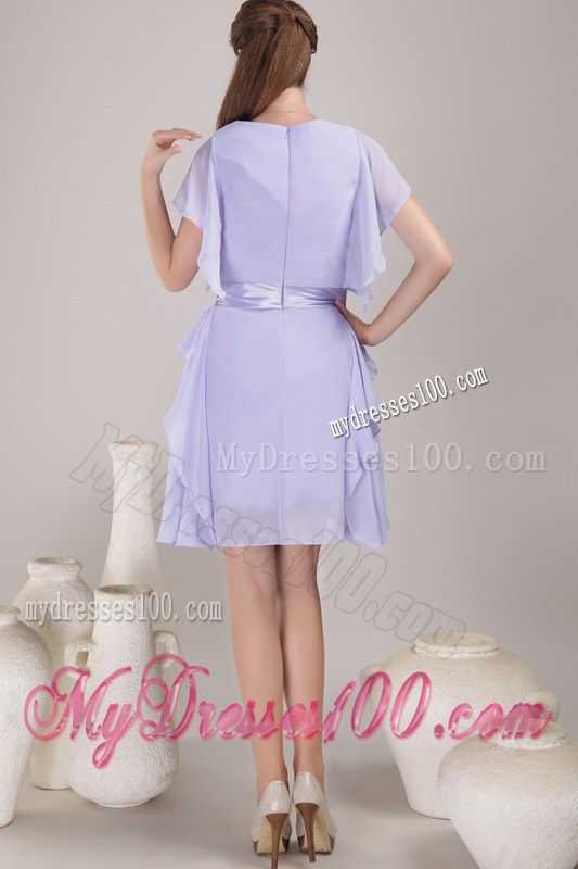 Lilac Empire Bateau Mini-length Sash Short Sleeves 2014 Mother Of The Bride Dress