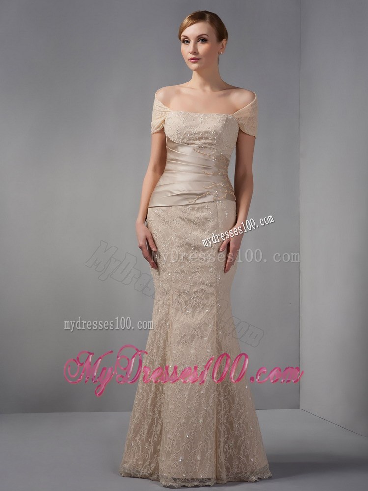 Champagne Mermaid Wedding Guest Dress off the Shoulder Beading Floor-length Lace