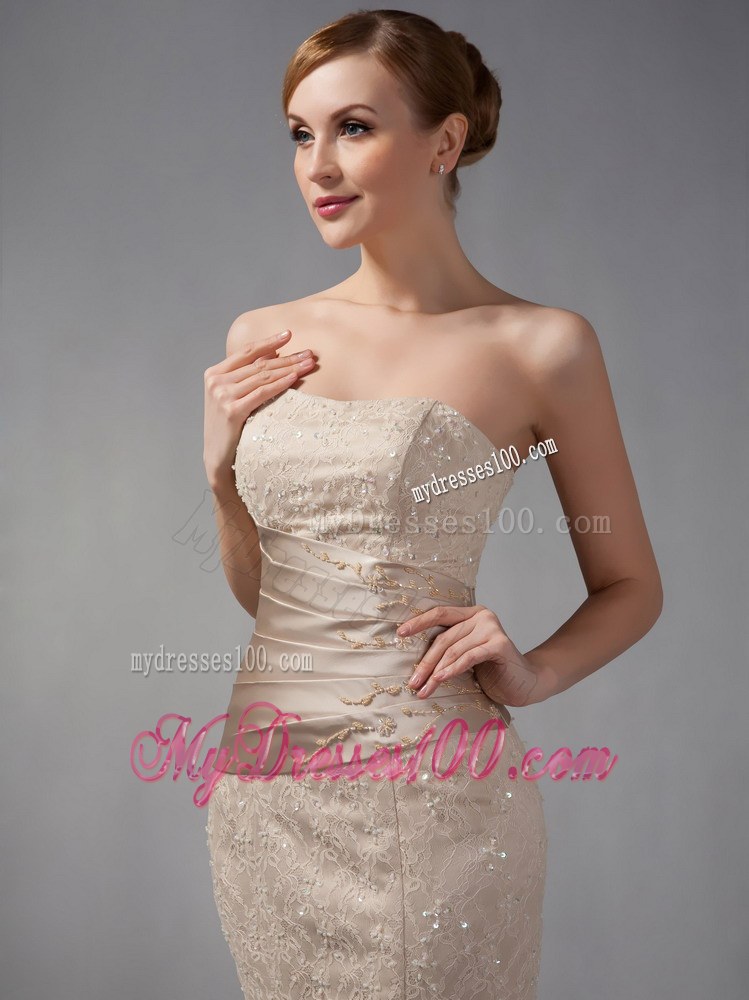 Champagne Mermaid Wedding Guest Dress off the Shoulder Beading Floor-length Lace