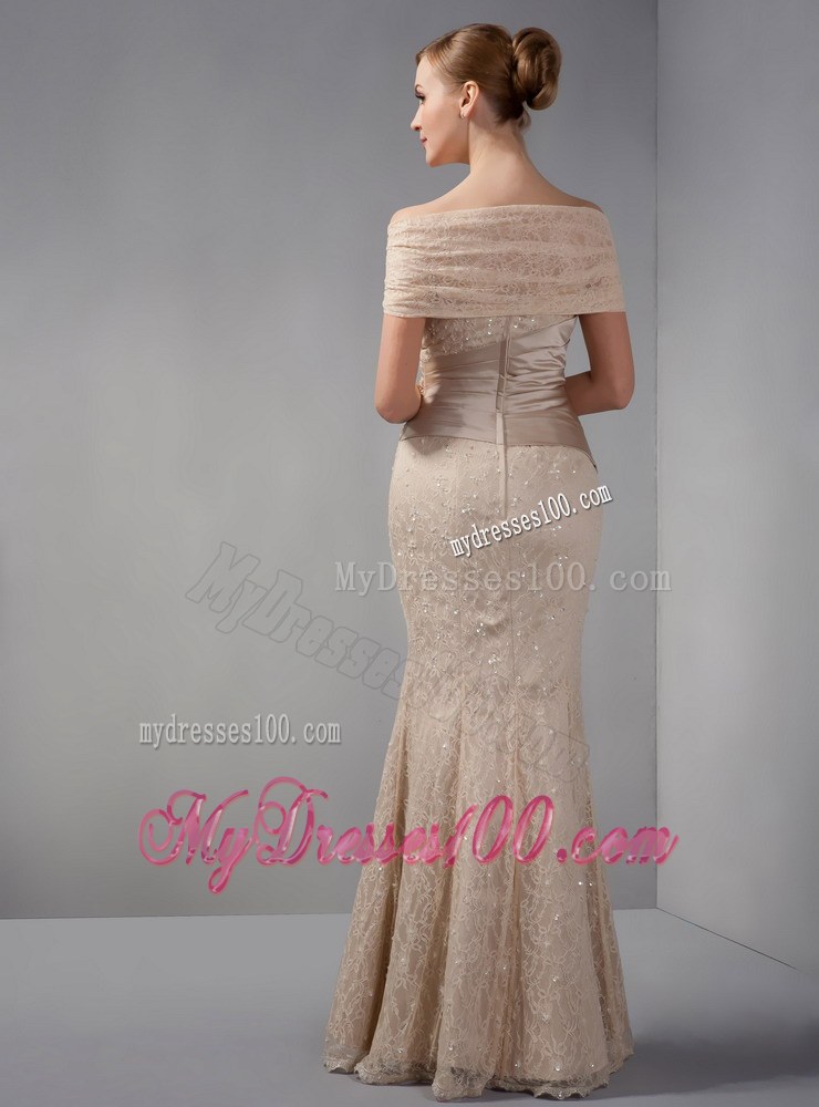Champagne Mermaid Wedding Guest Dress off the Shoulder Beading Floor-length Lace